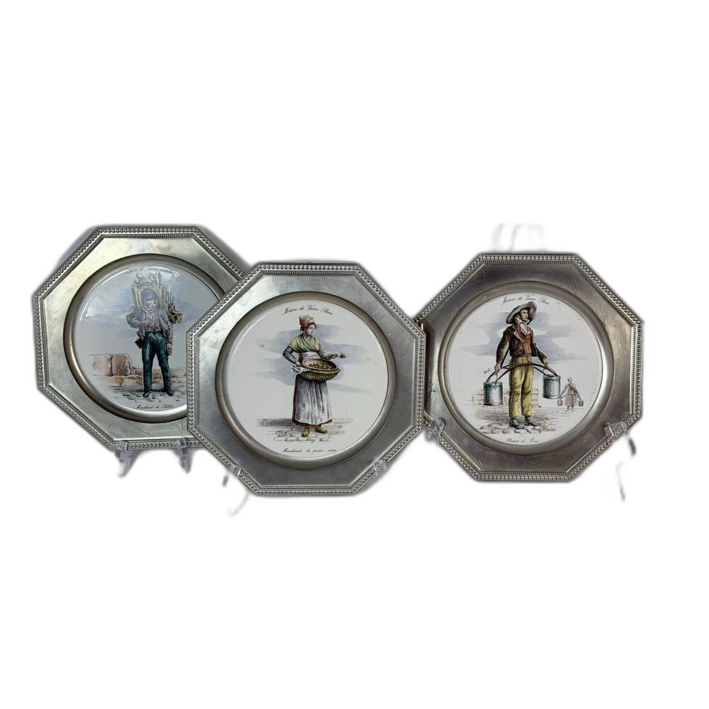 Trio of VTG French Pewter Porcelain Old Crafts Paris Country Decorative Plate